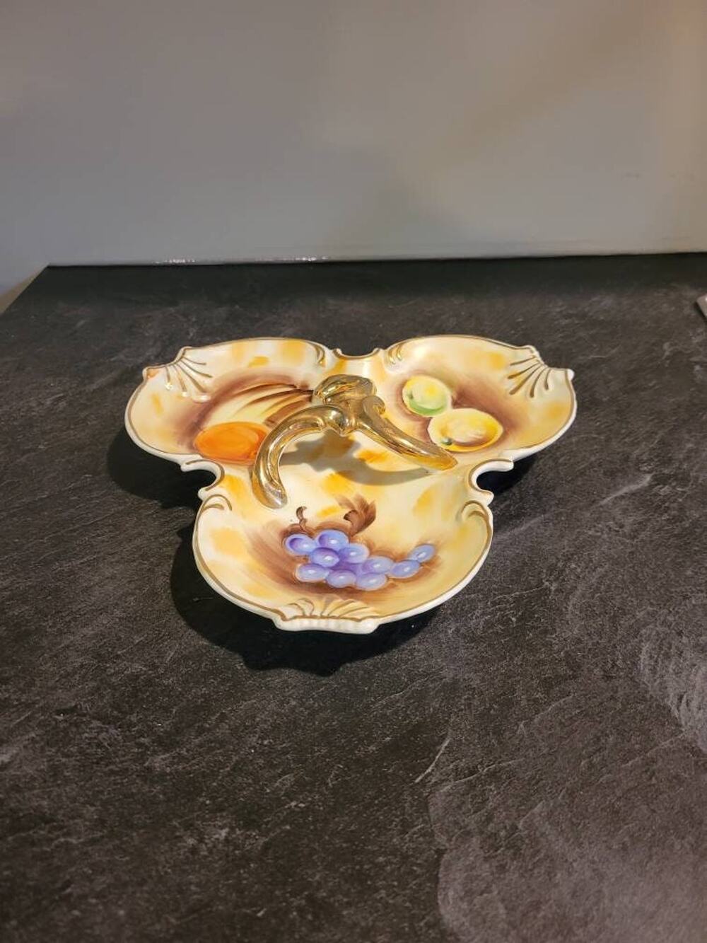Vintage Japan Divided Fruit Plate Ceramic Candy Dish Gold Handle Relish Tray MCM
